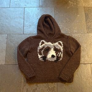 Vintage hand knit Brown Hoodie with bear Design